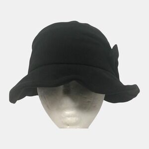 Womens Black Cloche Bucket Hat Side Bow Ruched Vintage Style Fedora
